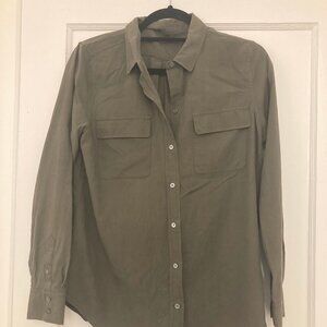J. McLaughlin 100% silk olive green button up